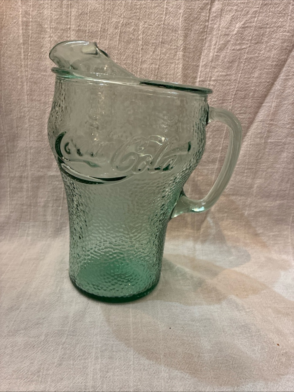 Coca Cola Aqua Green Embossed Glass Pitcher vintage